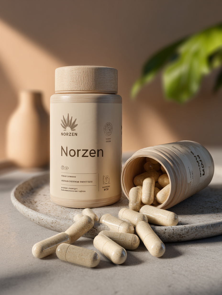 Norzen প্রাকৃতিক সম্পূরক - রক্তে গ্লুকোজের মাত্রা নিয়ন্ত্রণে কার্যকর ক্যাপসুল, বিশেষভাবে প্রস্তুতকৃত প্রাকৃতিক উপাদান দিয়ে তৈরি, নিরপেক্ষ পটভূমিতে পণ্যের প্যাকেজিং